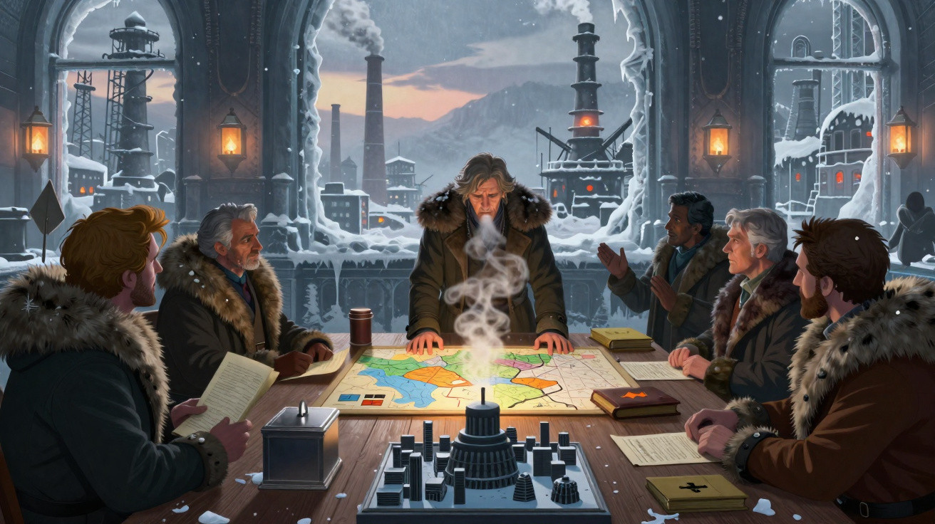 Homens em roupas de inverno discutem plano sobre mesa com mapa e maquete em ambiente industrial nevado.
