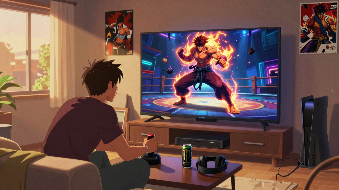 Jovem sentado no sofá jogando videogame de luta, personagem em chamas na tela da TV na sala.