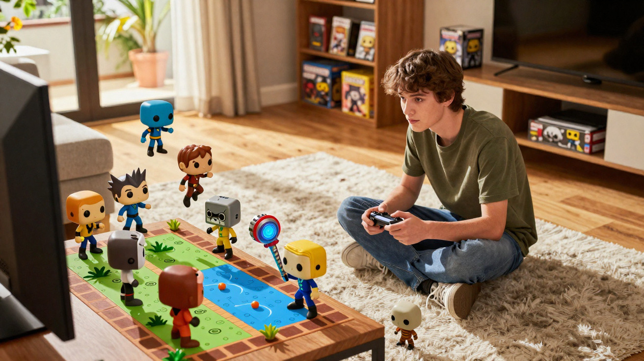 Jovem sentado no tapete jogando videogame com figuras de ação ao redor da mesa.