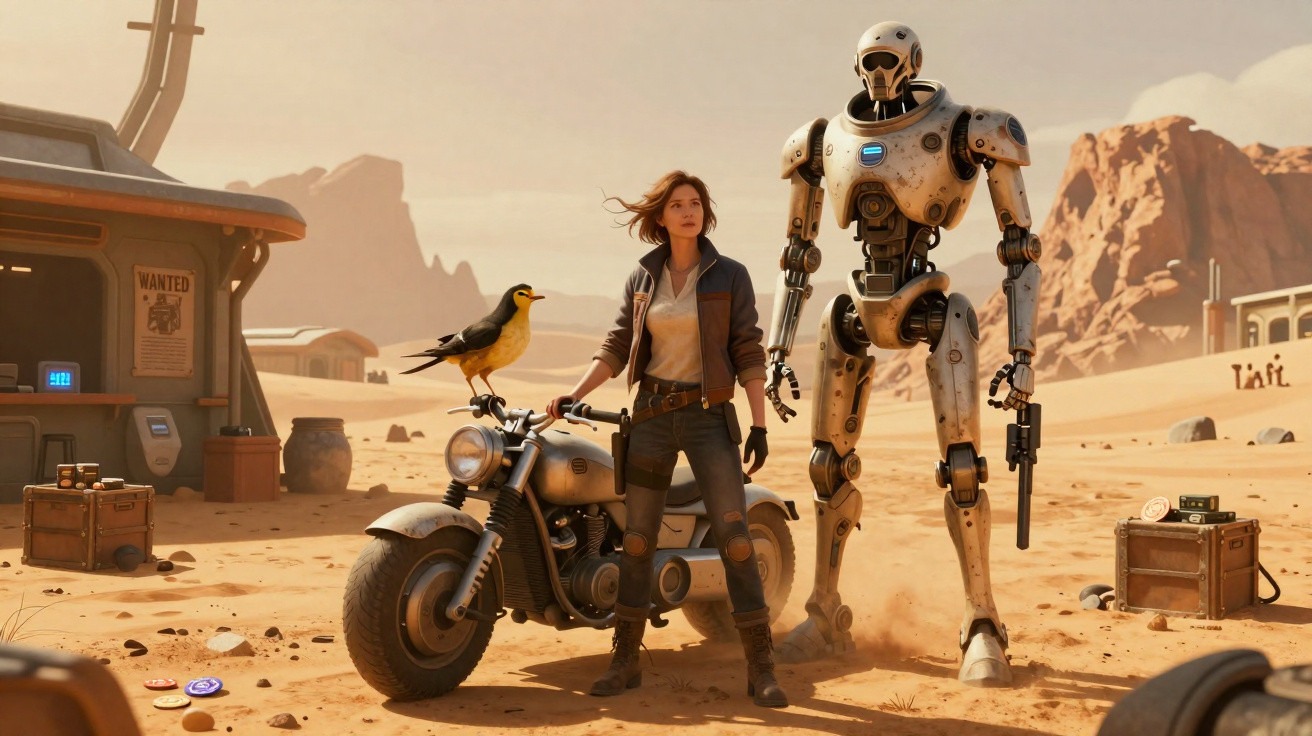 Mulher com jaqueta, robô futurista e pássaro amarelo em moto no deserto com montanhas ao fundo.