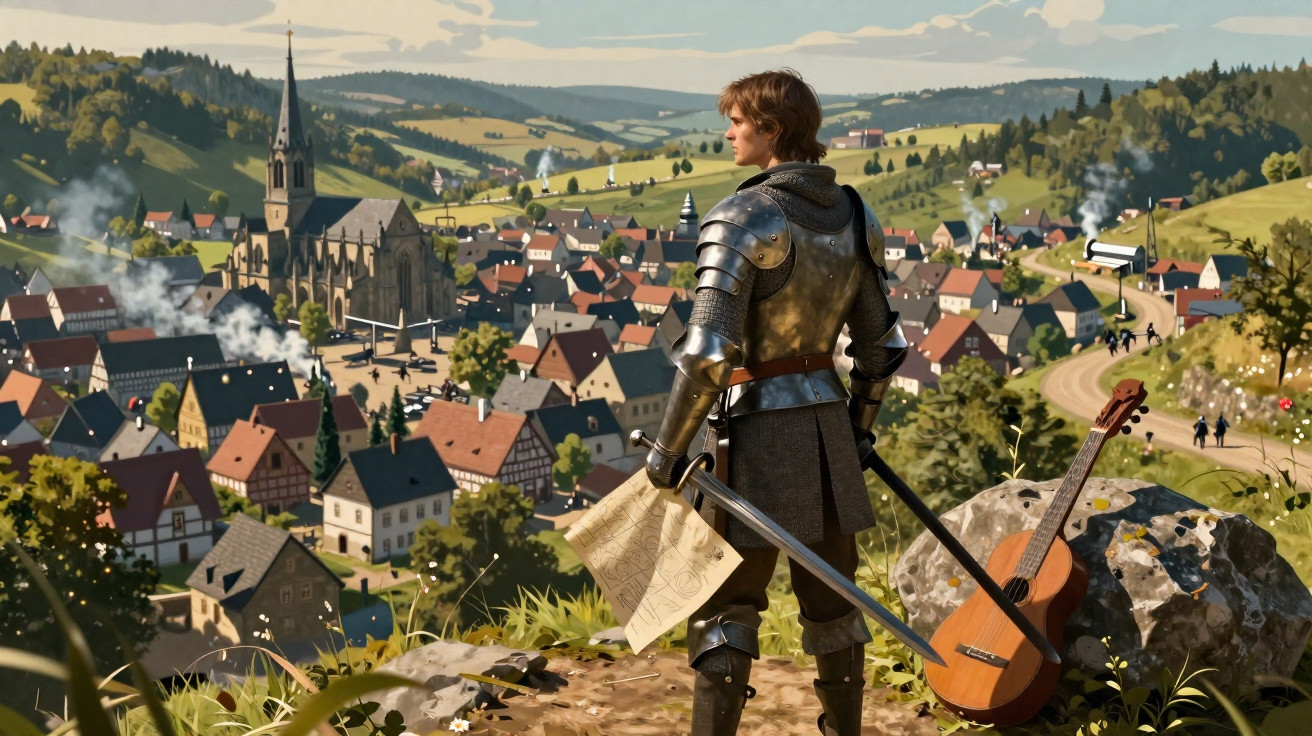 Cavaleiro de armadura observa vila medieval do alto de uma colina, segurando mapa e com violão ao lado.