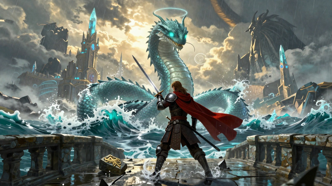 Guerreiro de capa vermelha enfrenta um dragão marinho gigante em um cenário de fantasia com castelos ao fundo.