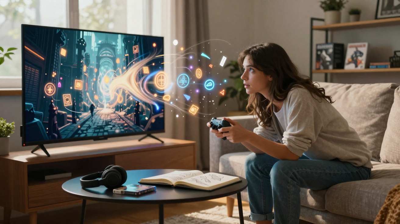 Jovem mulher joga videogame na sala, com efeitos gráficos digitais saindo da TV para o controle.