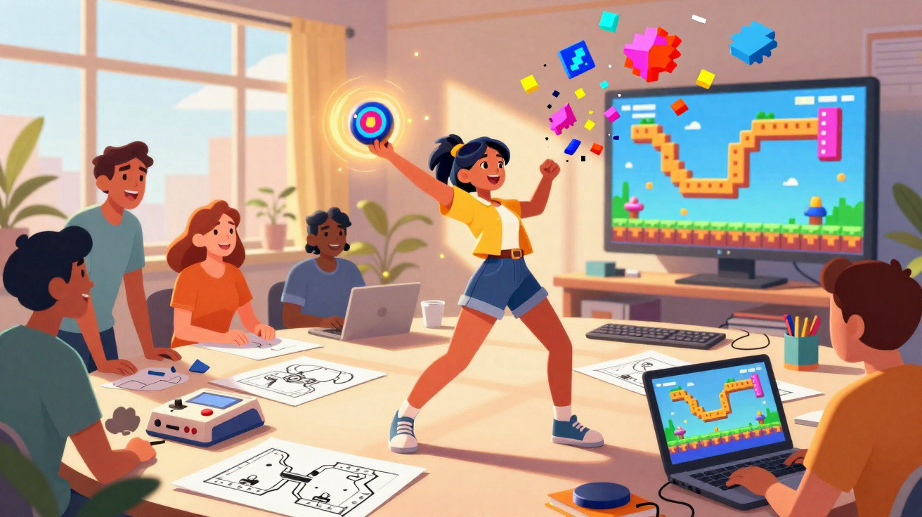 Grupo de jovens desenvolvendo e celebrando criação de jogo digital em ambiente moderno e colaborativo.