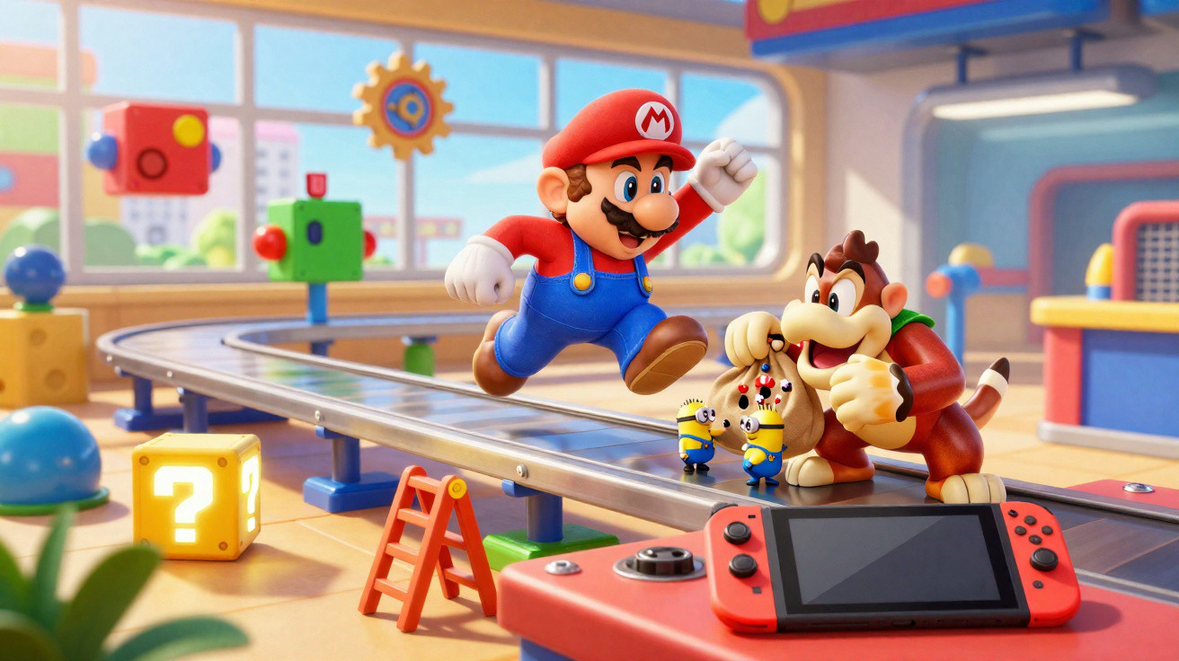 Mario e Donkey Kong em brinquedo com Nintendo Switch e blocos coloridos ao redor em sala iluminada.