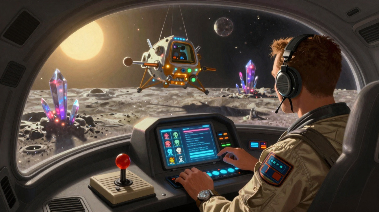 Astronauta usando headset controla nave espacial com joystick e tela, olhando para cristais brilhantes na superfície lunar.