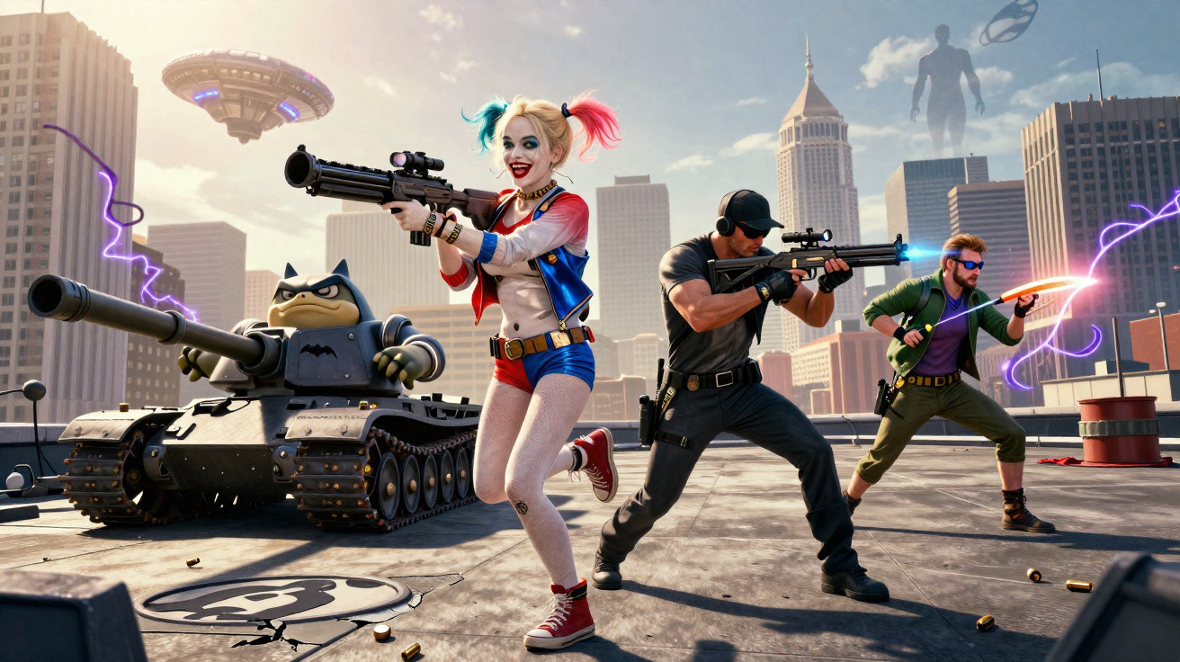 Harley Quinn e dois homens armados em rooftop urbano, tanque de guerra e disco voador ao fundo.