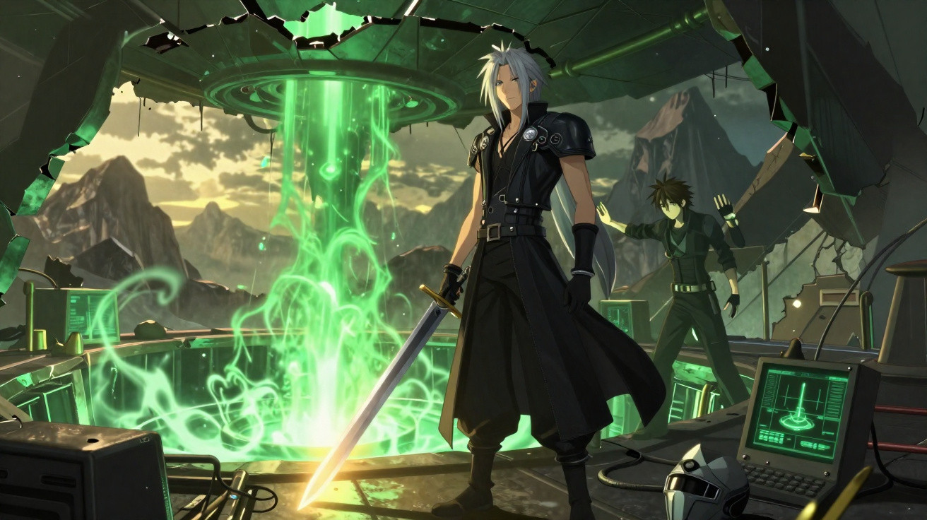Dois personagens em ambiente futurista com holograma verde brilhante e espada na mão.