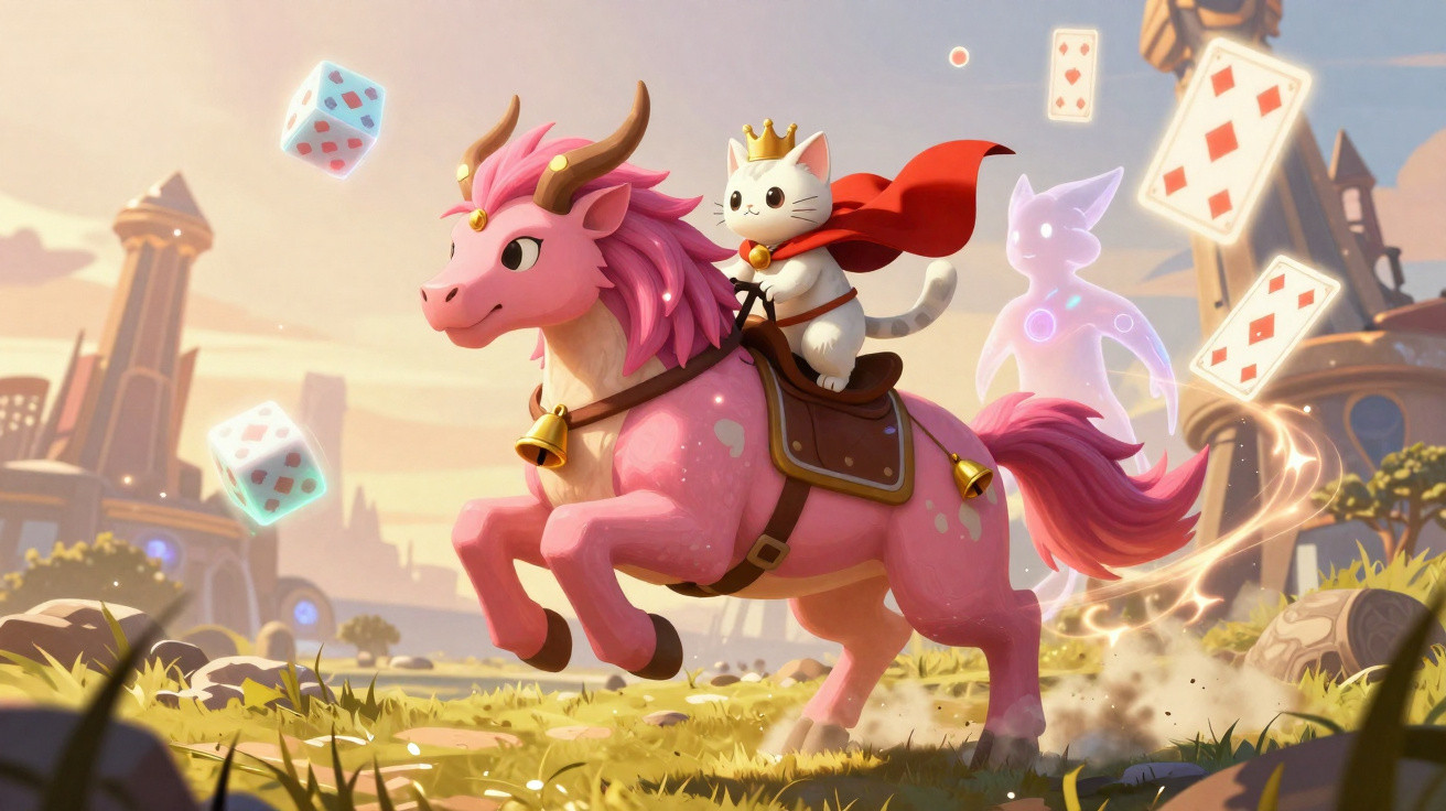 Gato com capa e coroa montado em cavalo rosa mágico, com dados e cartas flutuando ao redor em cenário fantástico.