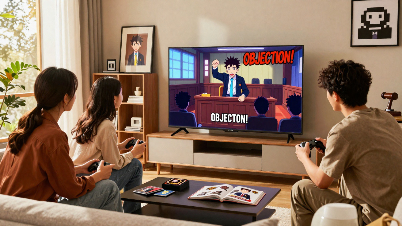 Três pessoas jogando videogame em uma sala de estar, tela mostra personagem de tribunal dizendo "Objection".