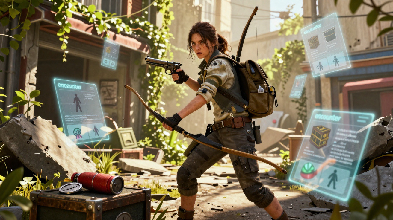 Personagem feminina armada com arco e pistola em ambiente pós-apocalíptico com hologramas flutuantes ao redor.