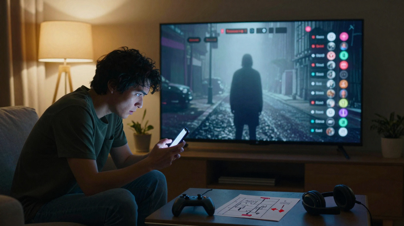 Jovem sentado no sofá em quarto escuro, olhando para celular, com TV ligada mostrando jogo de suspense.