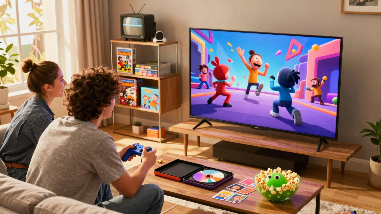 Casal jovem jogando videogame em sala de estar moderna com TV, pipoca e decoração aconchegante.