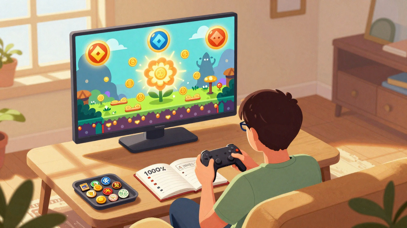 Garoto sentado no sofá jogando videogame em televisão numa sala com janela e plantas ao fundo.