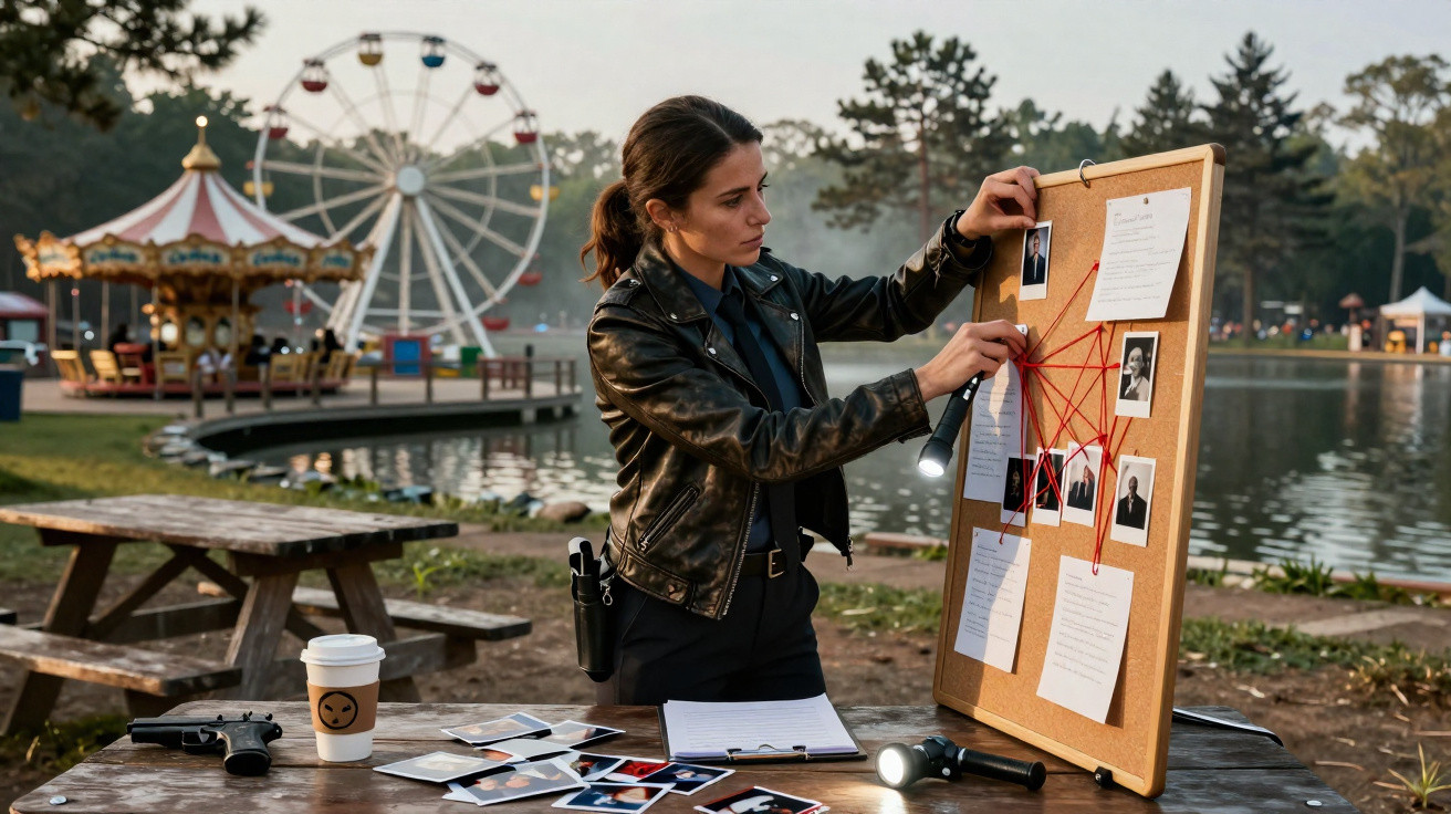 Mulher analisando quadro com fotos e documentos conectados por linhas vermelhas em parque com roda-gigante ao fundo.