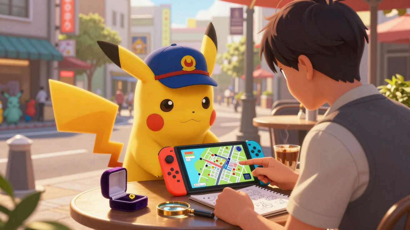 Pikachu com boné azul observa jovem mostrando mapa em console Nintendo Switch numa mesa de café ao ar livre.