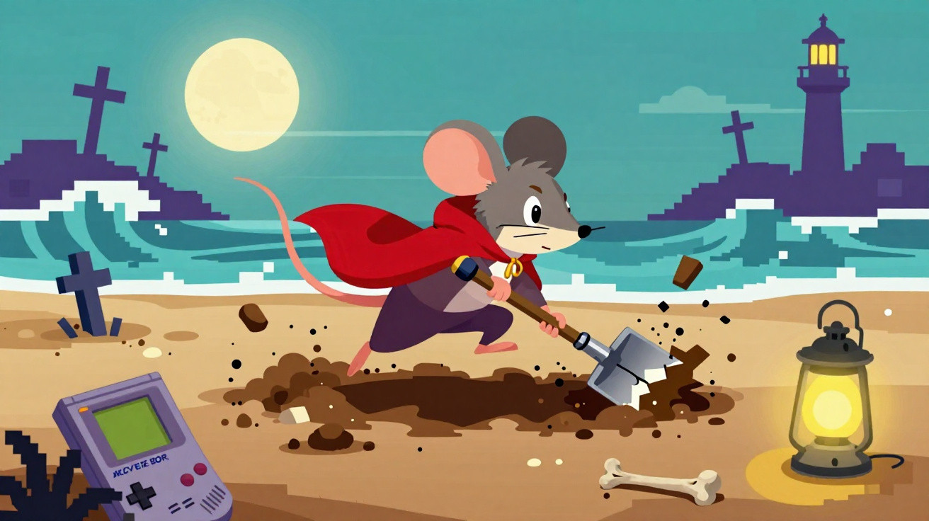 Rato com capa vermelha cavando na praia à noite, ao lado de um osso, uma lanterna e um console de videogame.