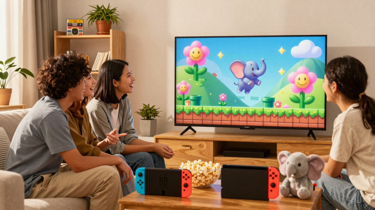 Crianças sorrindo jogando videogame com elefante animado na tela e controle colorido na sala de estar.