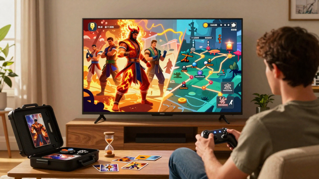 Homem jogando videogame em TV com controles e cartas numa sala iluminada.