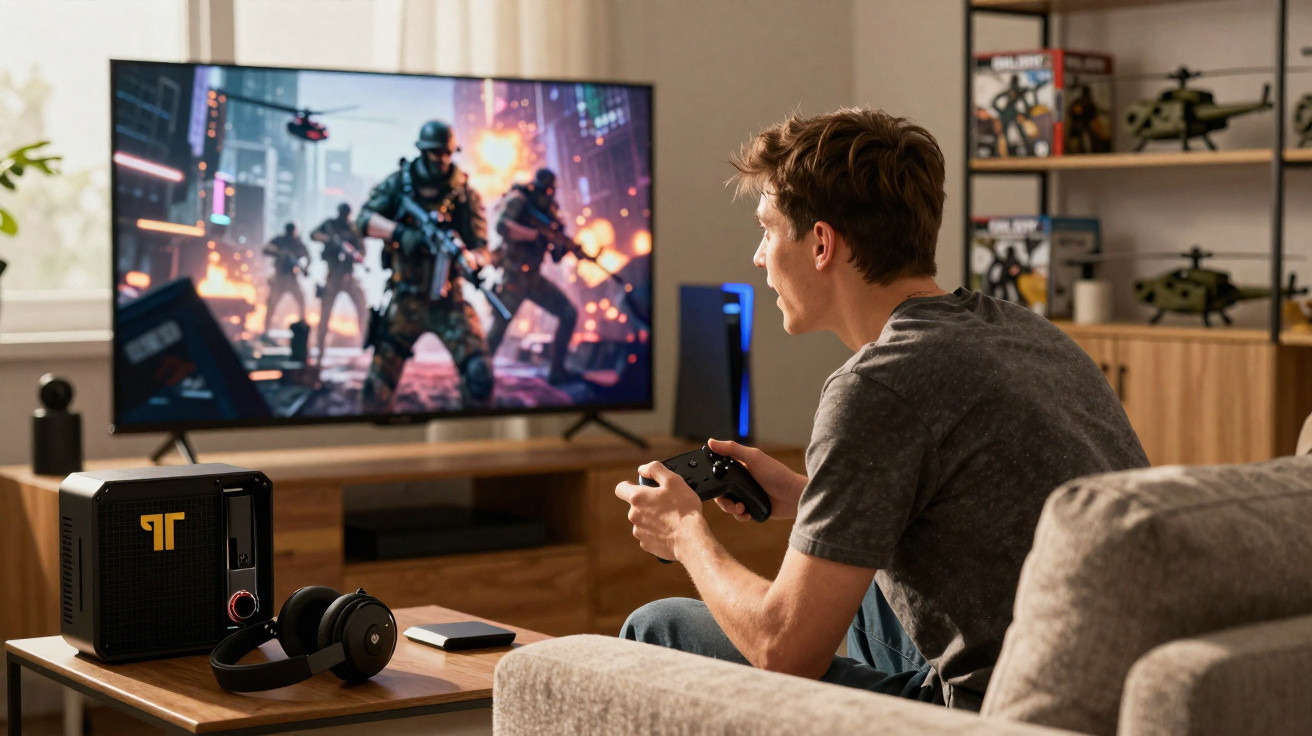 Jovem sentado no sofá jogando videogame de tiro em tela grande na sala com fones e decoração.