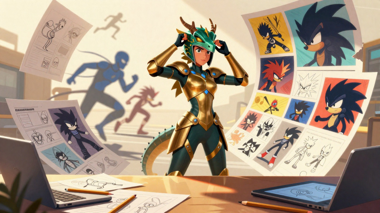 Mulher em armadura de dragão diante de desenhos e ilustrações do Sonic em uma mesa de trabalho.