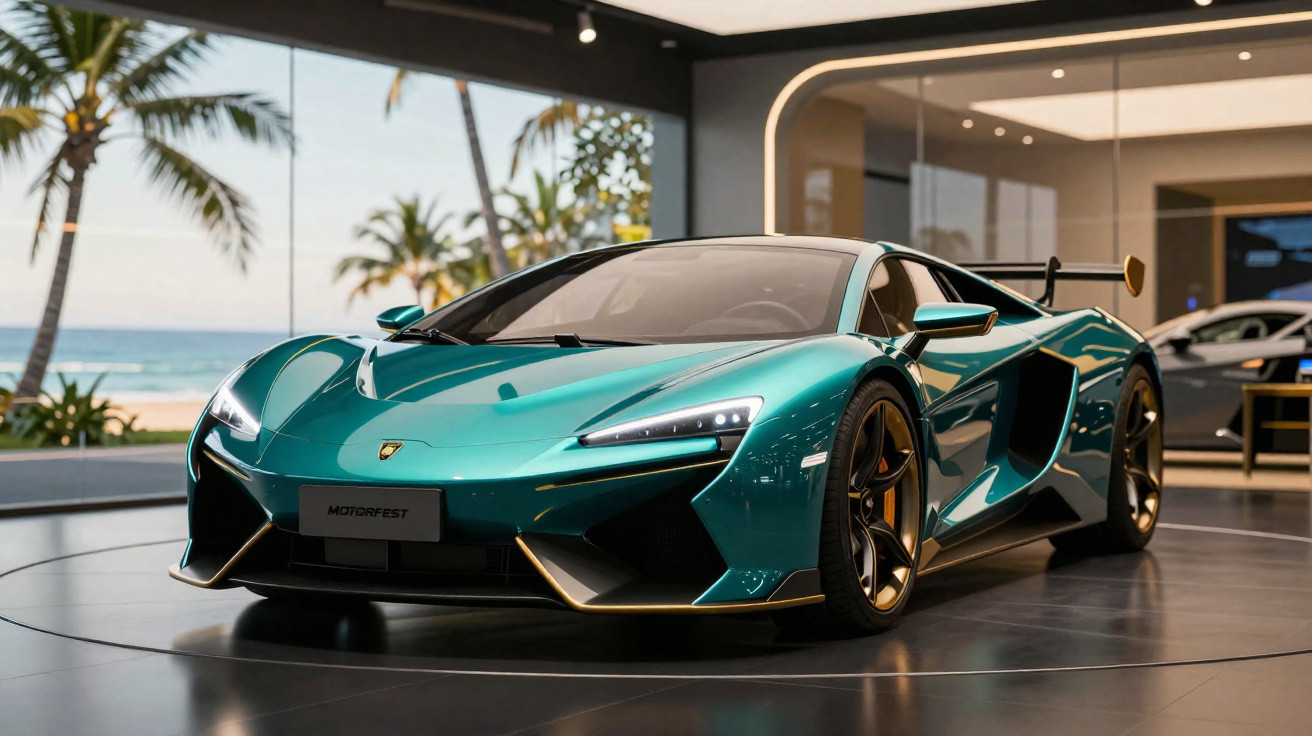 Carro esportivo verde metálico exibido em showroom com luz natural e vista para o mar ao fundo.