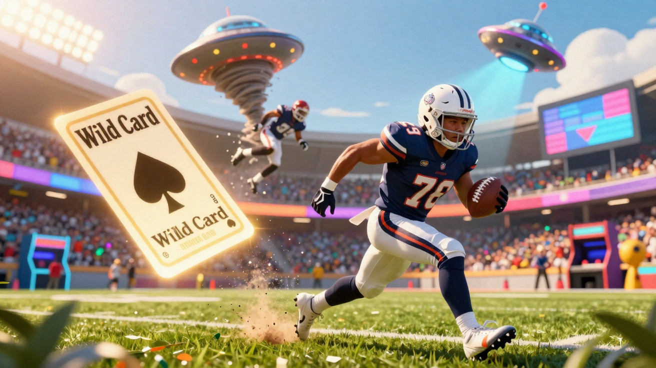Jogador de futebol americano correndo em campo com disco voador e carta Wild Card ao fundo.