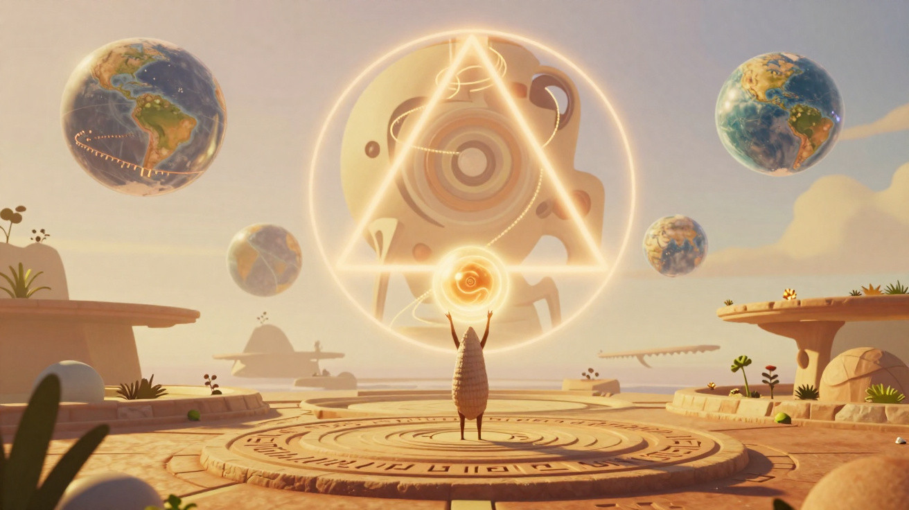 Personagem animado diante de símbolos brilhantes flutuantes e planetas em paisagem surreal ao pôr do sol.