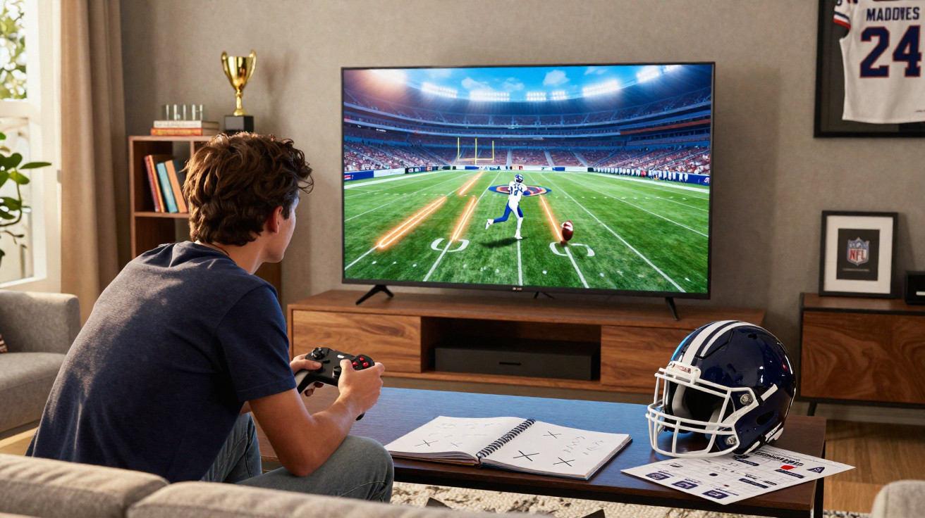 Jovem jogando videogame de futebol americano em sala decorada com capacete e camiseta do time.