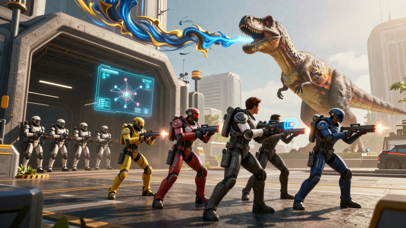 Soldados futuristas com armaduras coloridas enfrentam um dinossauro em uma cidade moderna.