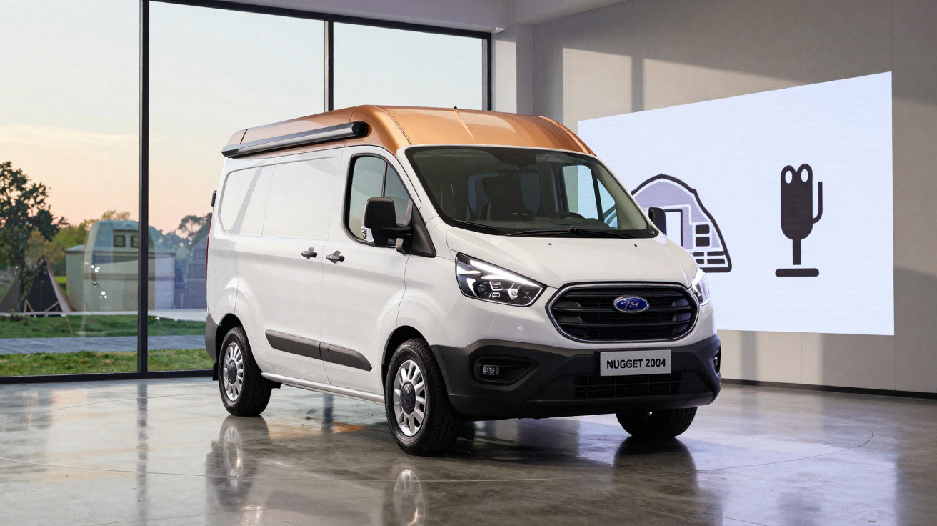 Van Ford Nugget 2004 branca com teto laranja em ambiente interno e piso refletivo.