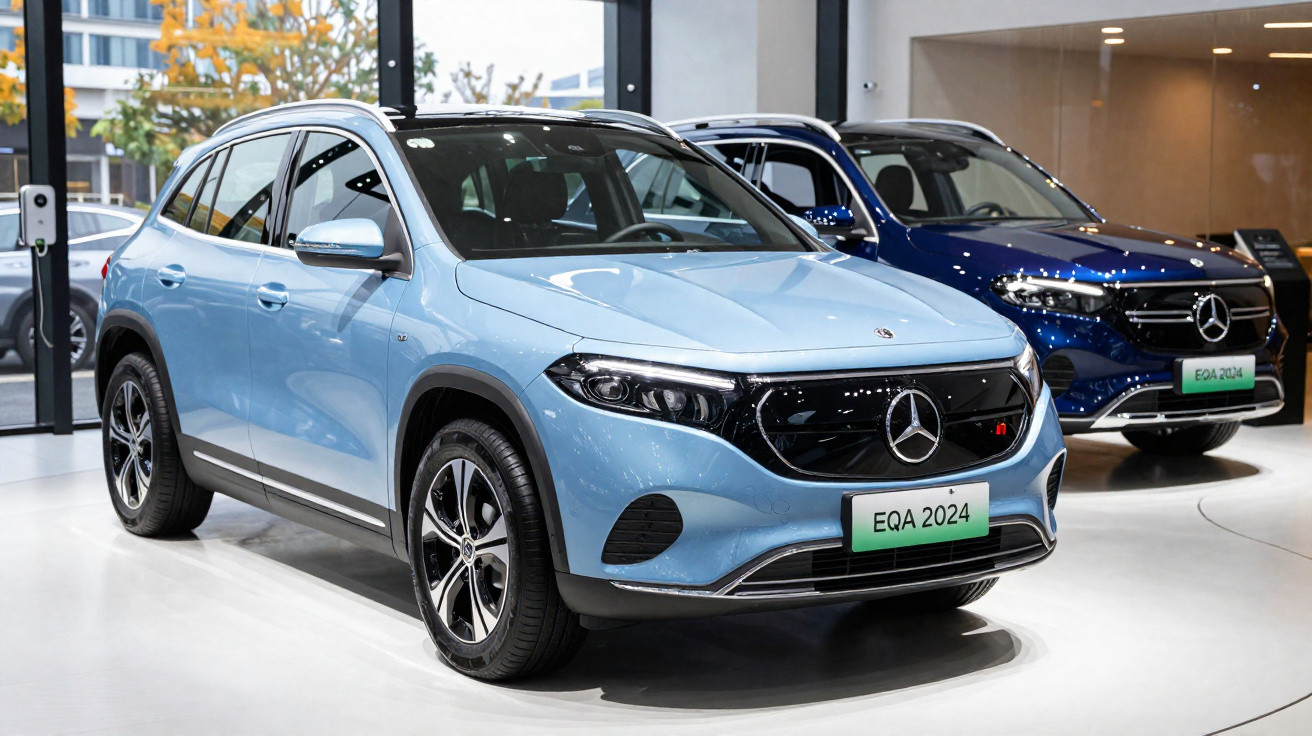 Dois carros elétricos Mercedes-Benz EQA 2024 em exposição, um azul claro em primeiro plano e outro azul escuro ao fundo.