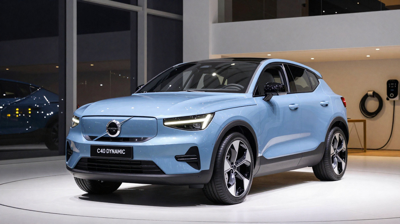 Carro elétrico Volvo C40 Dynamic azul exibido em ambiente interno com carregador na parede.
