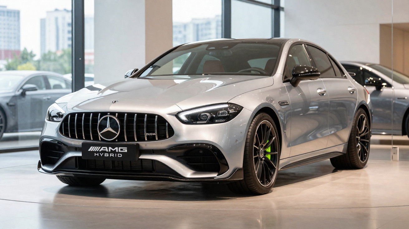 Carro sedan prata Mercedes-Benz AMG Hybrid exposto em showroom moderno com janelas grandes.