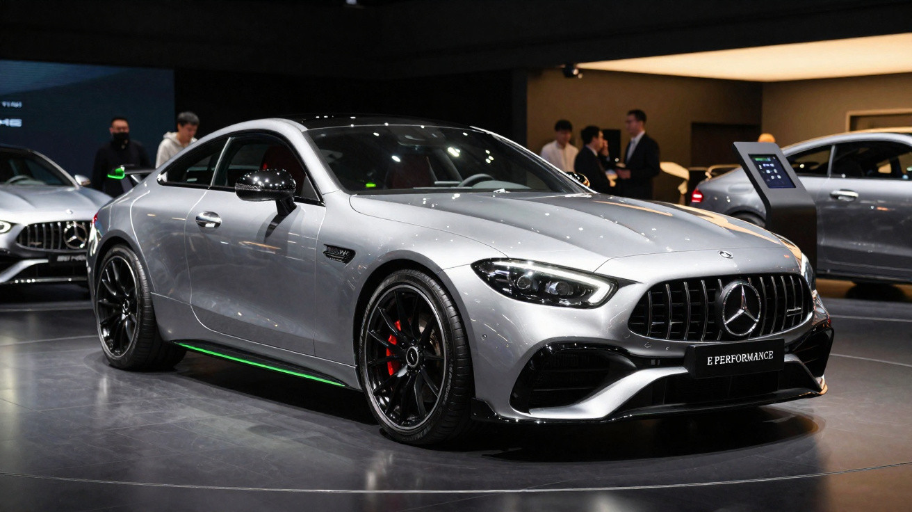 Carro esportivo prata da Mercedes-Benz exposto em salão com destaque para rodas pretas e freios vermelhos.