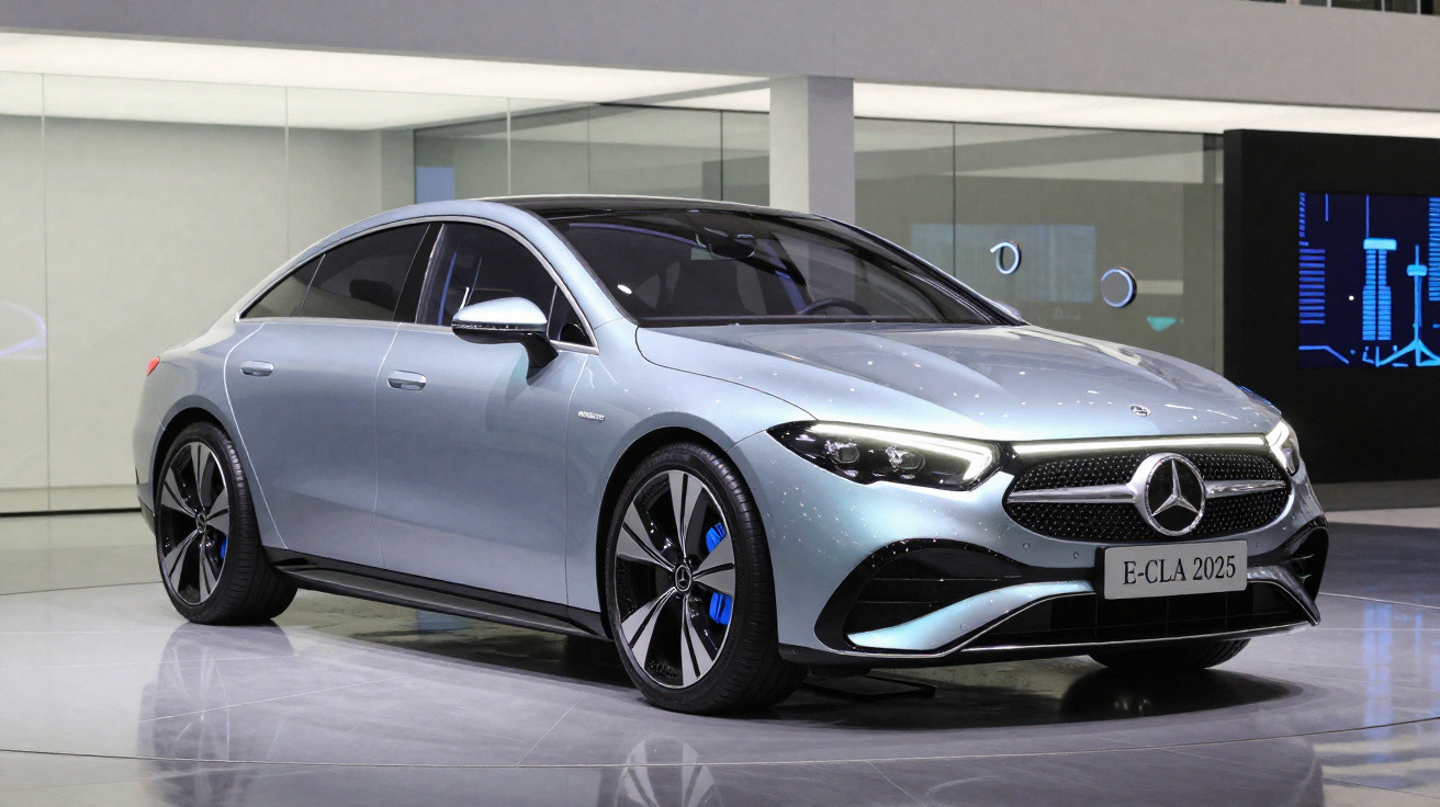 Mercedes-Benz E-CLA 2025 prata estacionado em ambiente interno moderno, com rodas esportivas e design futurista.