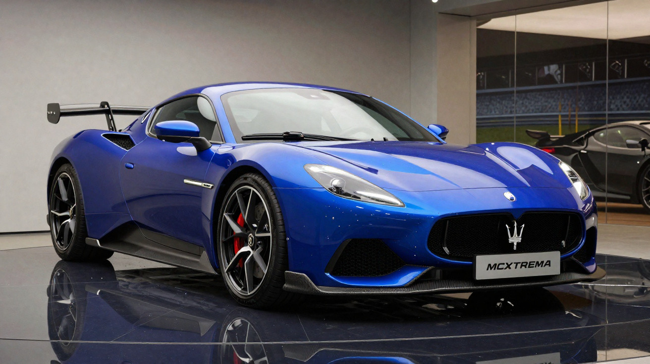 Carro esportivo azul Maserati MCX Trema estacionado em ambiente interno com piso refletivo.