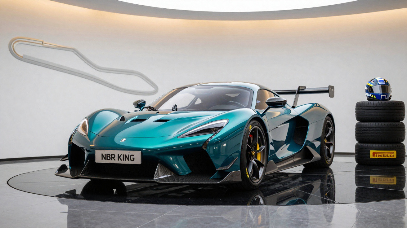 Carro esportivo McLaren NBR King verde em exposição, junto a capacete e pneus Pirelli.