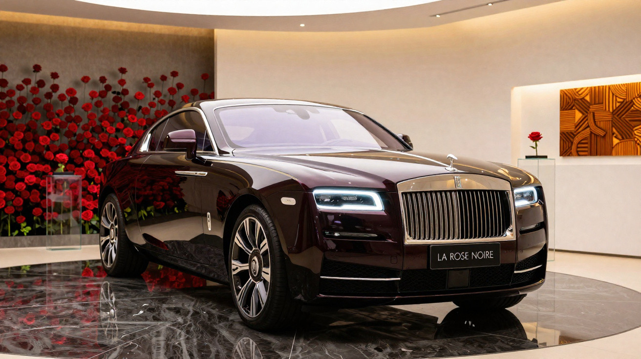 Carro de luxo Rolls-Royce La Rose Noire preto exibido em sala moderna com decoração de rosas vermelhas.