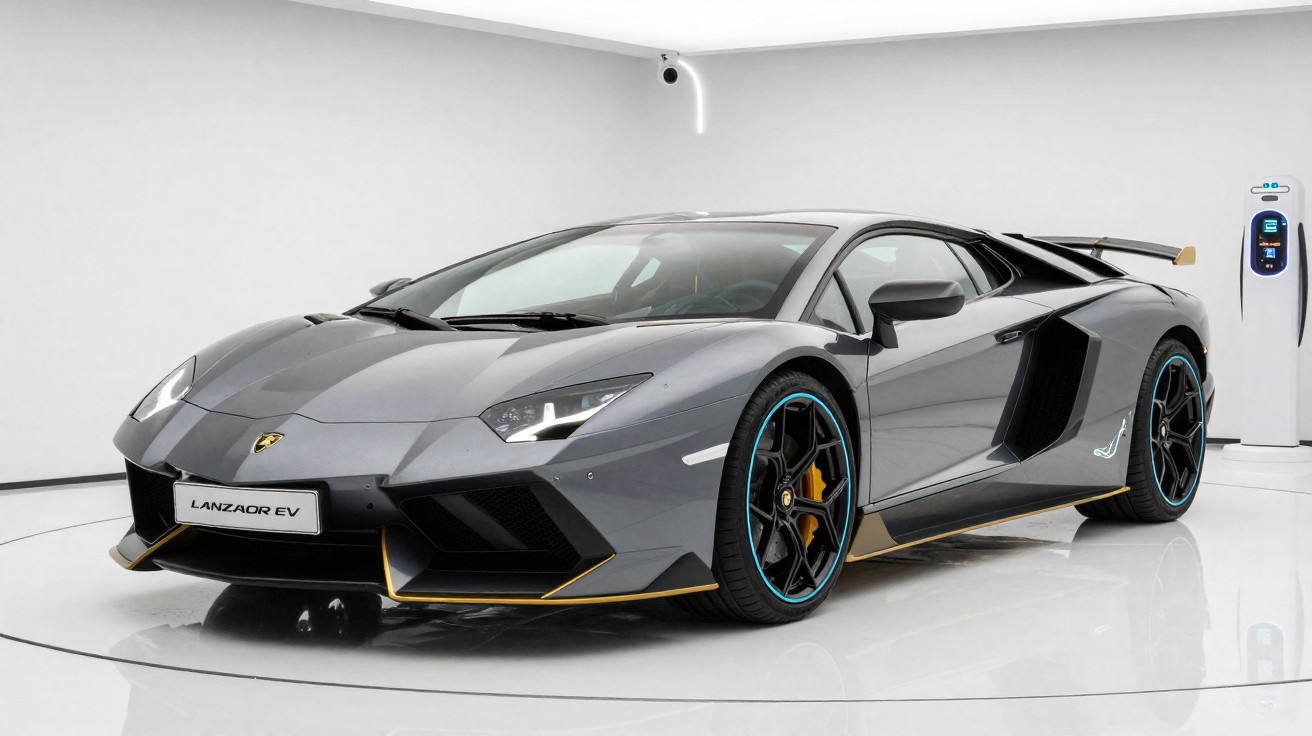 Carro esportivo elétrico cinza Lamborghini Lanzador EV em ambiente interno branco com estação de recarga.