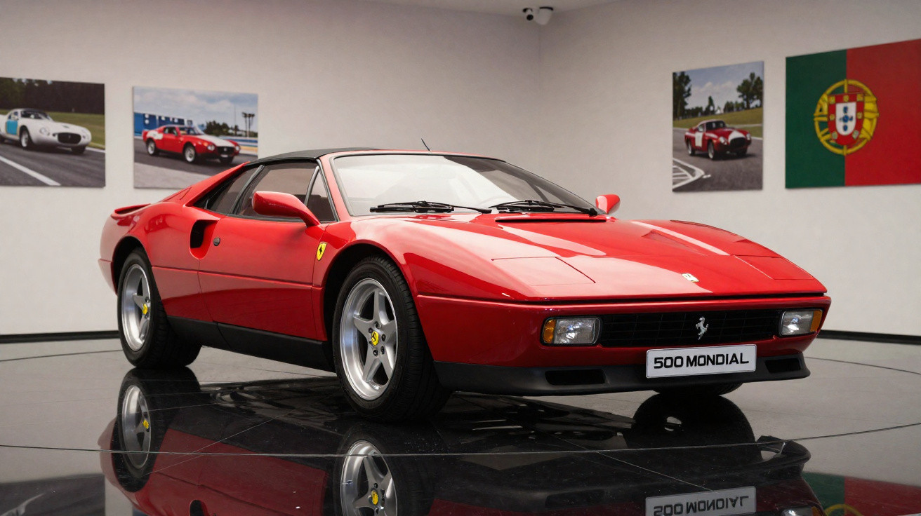 Carro esportivo vermelho Ferrari 500 Mondial exposto em museu com bandeira de Portugal ao fundo.
