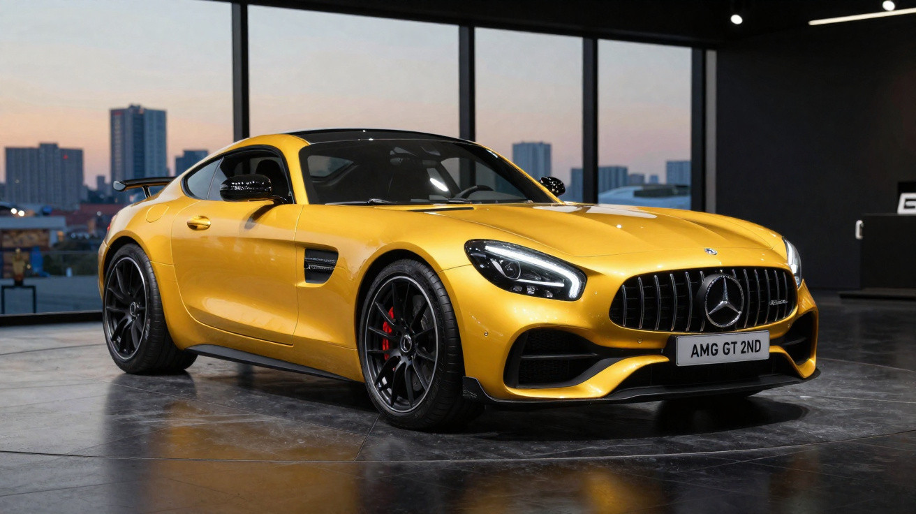 Carro esportivo Mercedes-Benz AMG GT amarelo estacionado em ambiente fechado com janelas grandes ao fundo.
