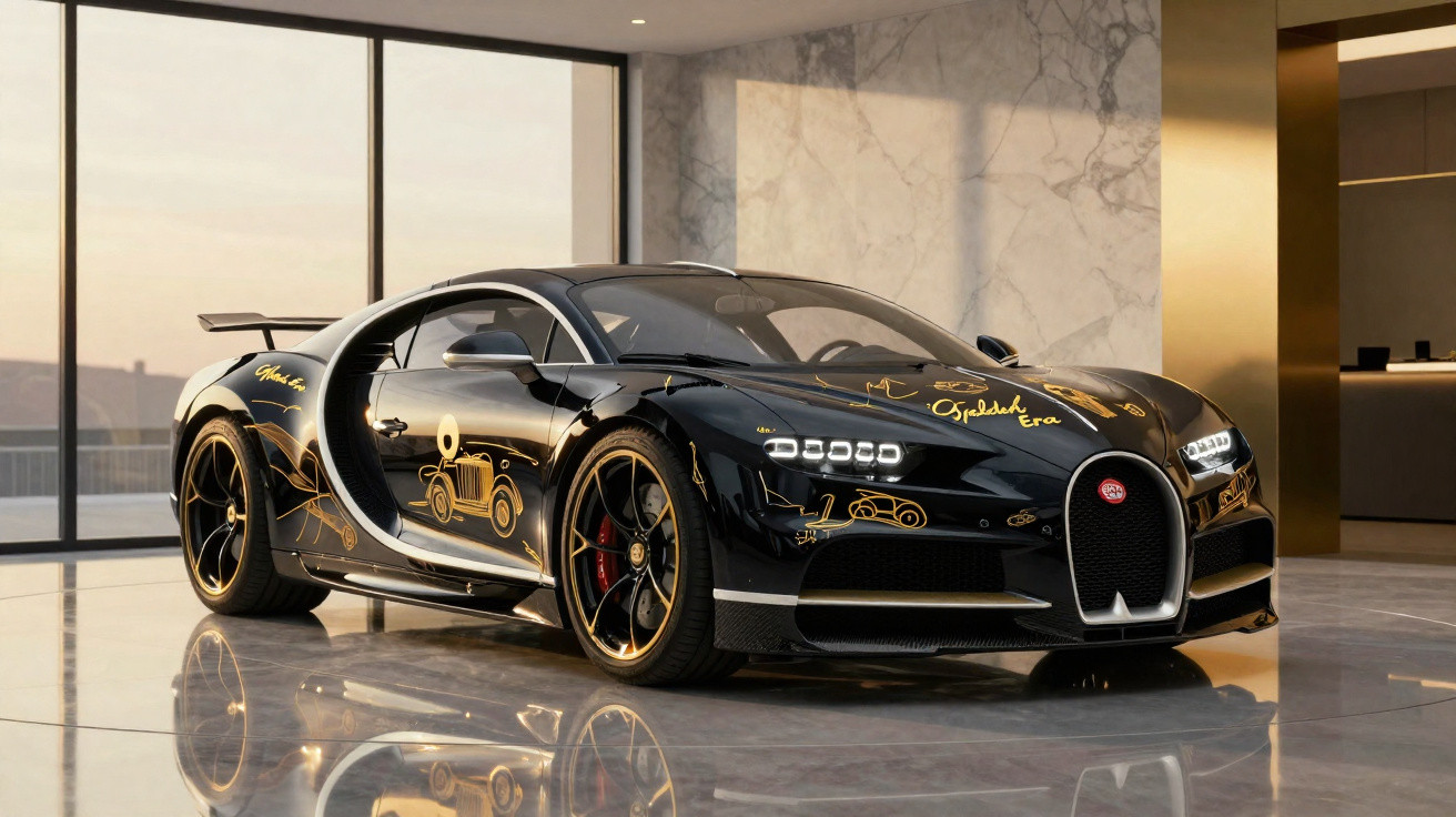 Carro esportivo preto com detalhes dourados e rodas pretas, em showroom com piso brilhante e paredes de mármore.