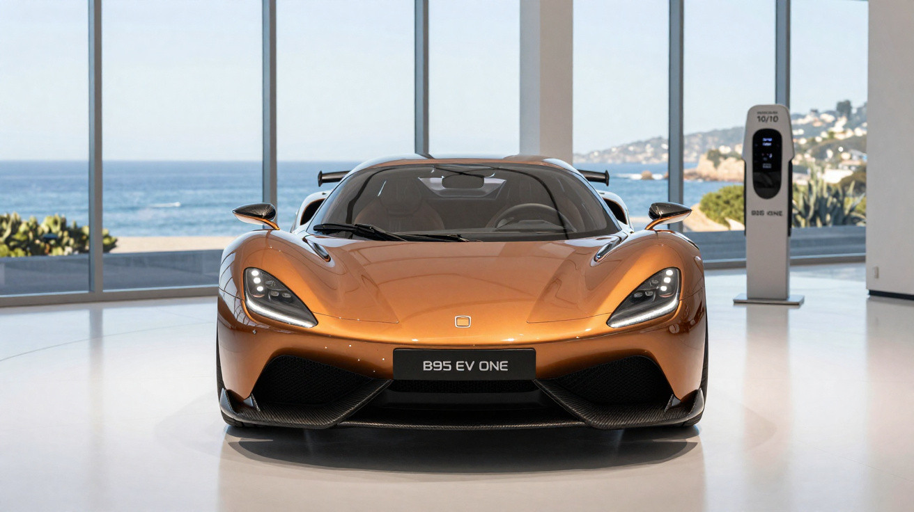 Carro esportivo elétrico laranja B95 EV ONE em exposição interna com vista para o mar ao fundo.