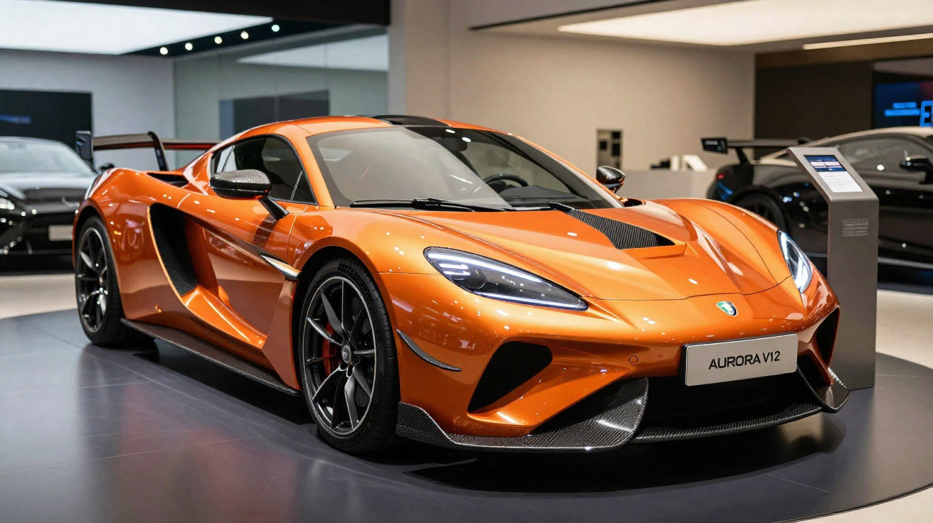 Carro esportivo laranja Aurora V12 em exposição em showroom moderno, destaque para design aerodinâmico.