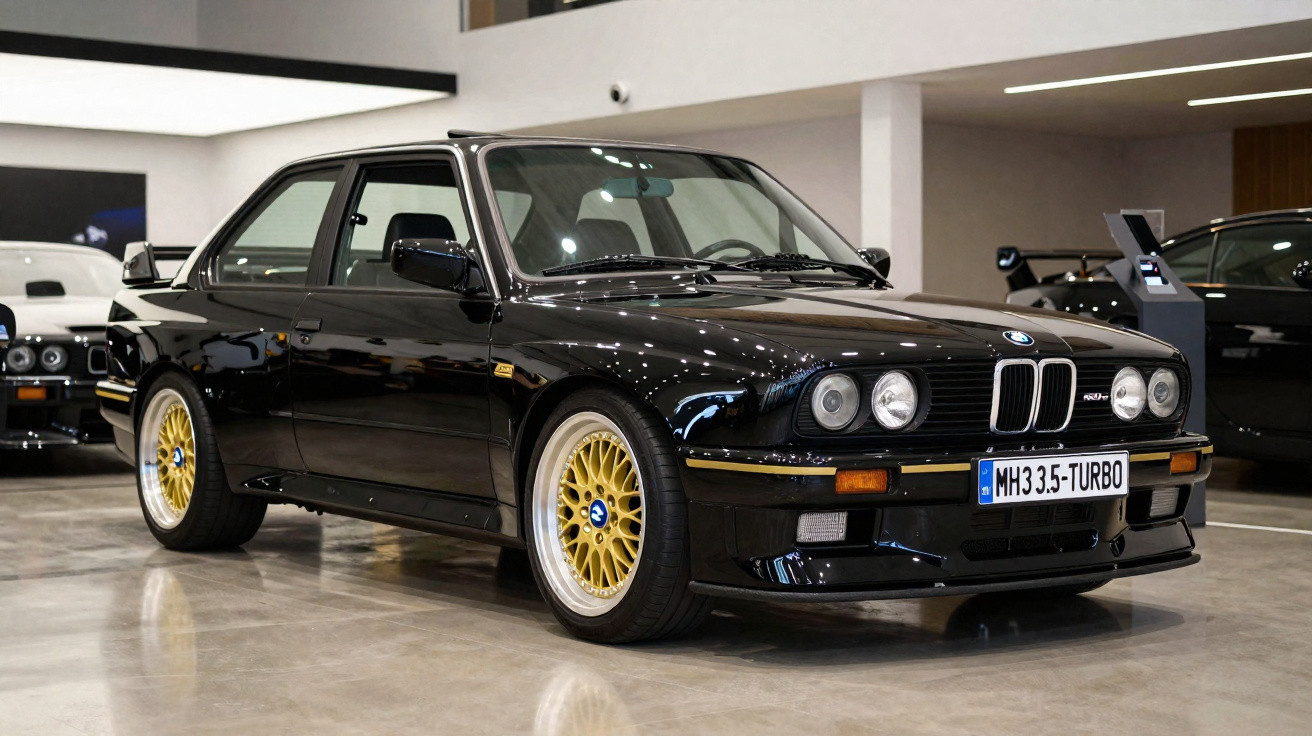 Carro clássico BMW E30 M3 Turbo preto com rodas douradas exposto em showroom.