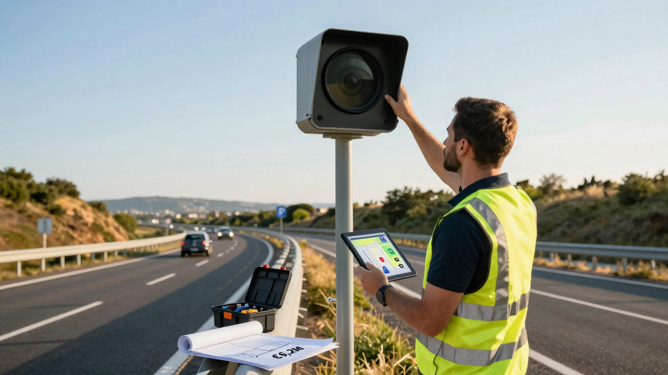 Técnico com colete refletivo inspeciona câmera de velocidade em rodovia com tablet na mão.
