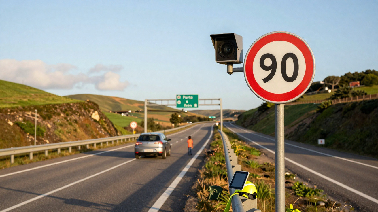 Placa de limite de velocidade 90 km/h e radar em rodovia com carro e pedestre ao fundo.