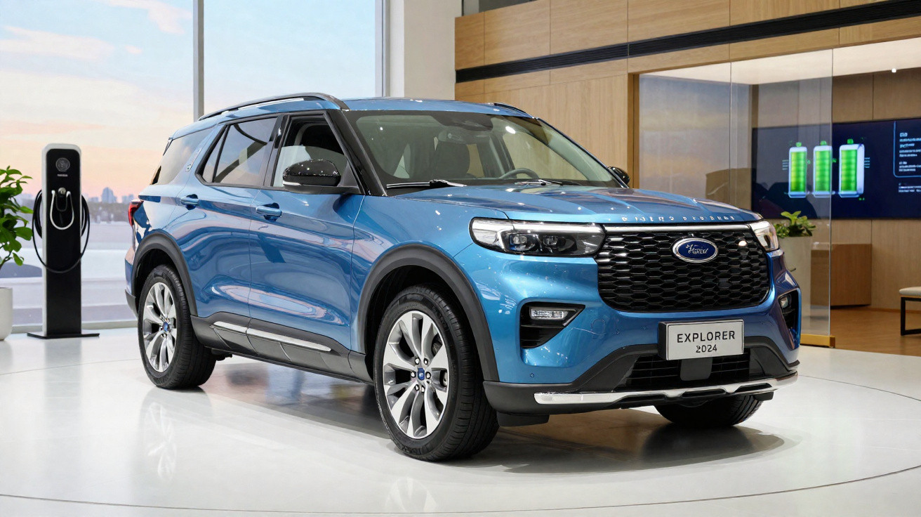 Carro SUV elétrico Ford Explorer 2024 azul em exibição com estação de recarga ao fundo.