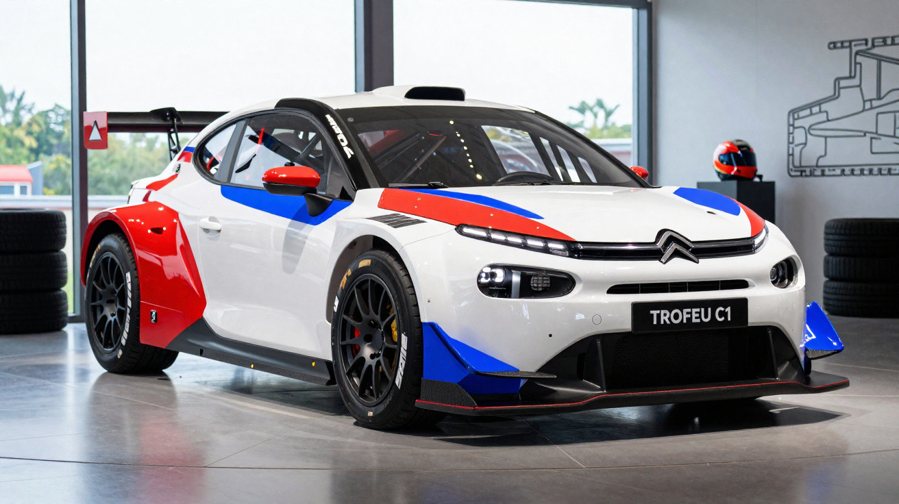 Carro de corrida Citroën Trofeu C1 branco com detalhes em azul e vermelho em exposição interna.